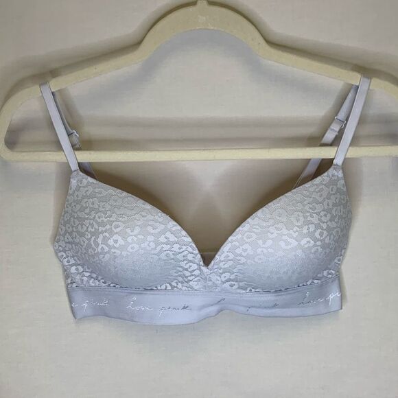PINK VS Gray Lilac Lace Where Everywhere Lightly Lined Wireless Bra Size 34C - Picture 1 of 9